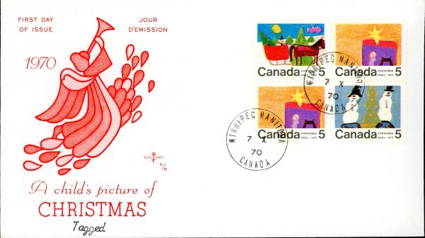 Canada FDC-BLOCK#520p+2X521p+523p - Christmas (1970) 5¢ WCB