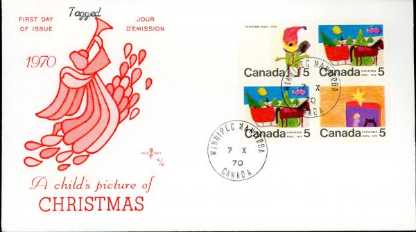 Canada FDC-BLOCK#519p+2X520p+521p - Christmas (1970) 5¢ WCB