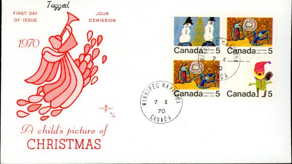 Canada FDC-BLOCK#519p+2X522p+523p - Christmas (1970) 5¢ WCB