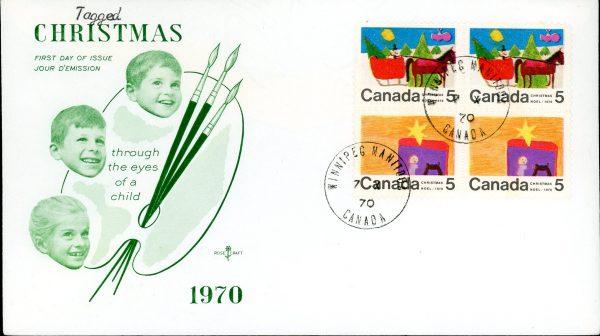 Canada FDC-BLOCK#2X520p+2x521p - Christmas (1970) 5¢ WCB