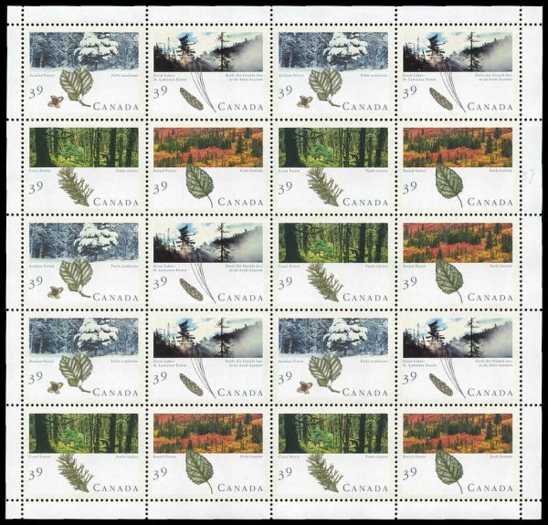 Canada Stamp SHEET#1286a - Majestic Forests of Canada (1990) 20 x 39¢ Se-tenant block (1283-1286)