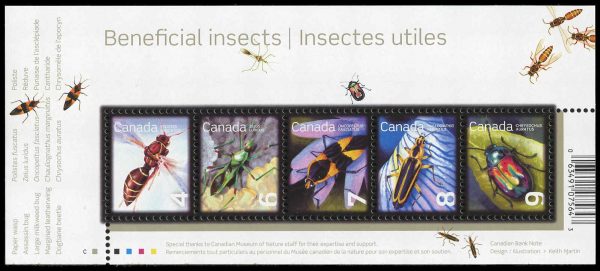 Canada Stamp #2410a - Beneficial Insects (2010) 4¢ + 6¢ + 7¢ + 8¢ + 9¢ Souvenir sheet of 5