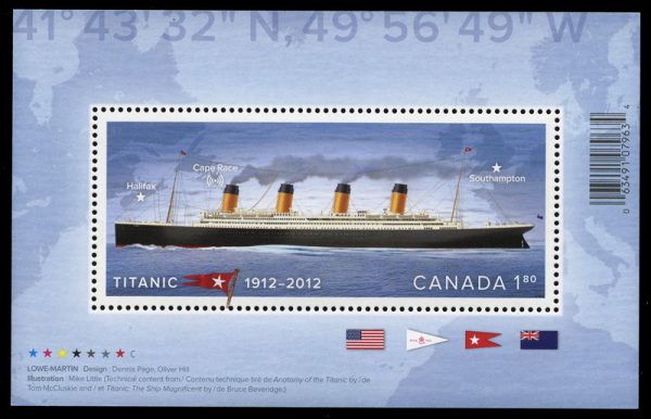 Canada Stamp #2535 - Titanic, Map of North Atlantic, Flag of the White Star Line (2012) $1.80 Souvenir sheet of 1 stamp