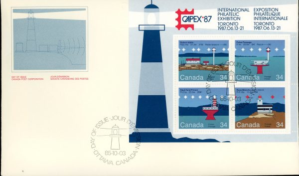 Canada FDC#1066b - Canadian Lighthouses-2 (1985) 4 x 34¢ Souvenir Sheet of 4