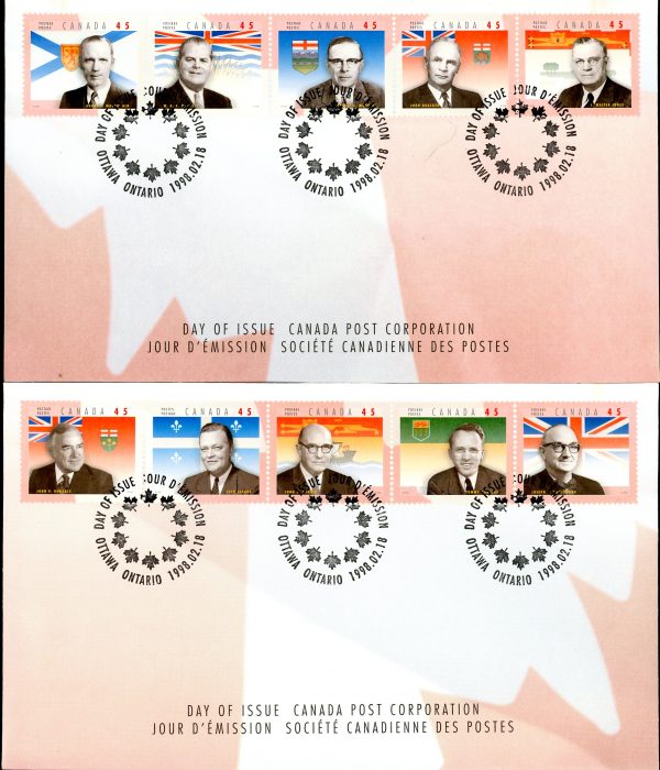 Canada FDC SET OF 2 #1709 - Provincial Premiers (1998) 10 x 45¢ Pane of 10