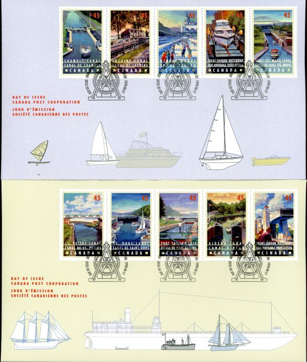 Canada FDC SET OF 2 #1734a - Canals (1998) 10 x 45¢ Booklet pane of 10 (1725-1734)