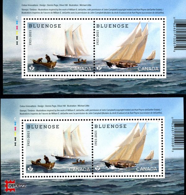 Canada 2021 3293 & 3293c MNH Bluenose 100th Anniv. Souvenir Sheet x2 with & without Overprint