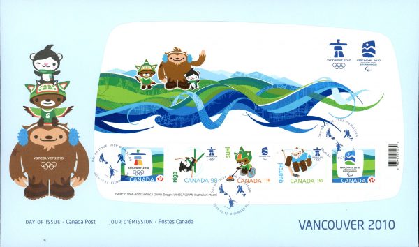 Canada FDC Stamp #2305 - Olympic Emblems and Mascots-Definitives Souvenir Sheet (2009) 2 x (P), 1 x 98¢, 1 x $1.18, 1 x $1.65 Souvenir sheet of 5