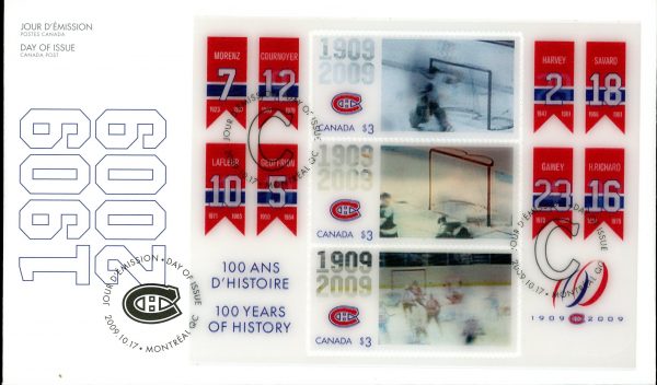 Canada FDC#2340 - Montreal Canadiens 100th Anniversary (2009) 3 x $3 Souvenir sheet of 3