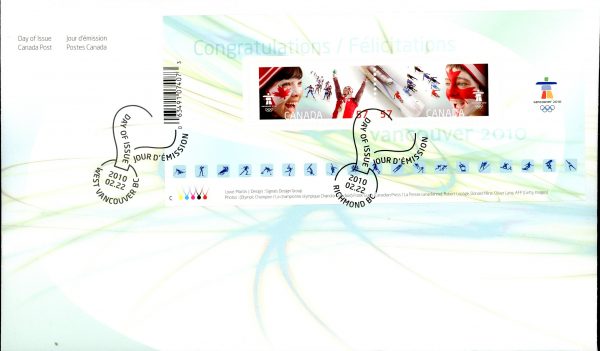 Canada FDC#2373 - Celebrating the Olympic Spirit (2010) 2 x 57¢ Souvenir sheet of 2