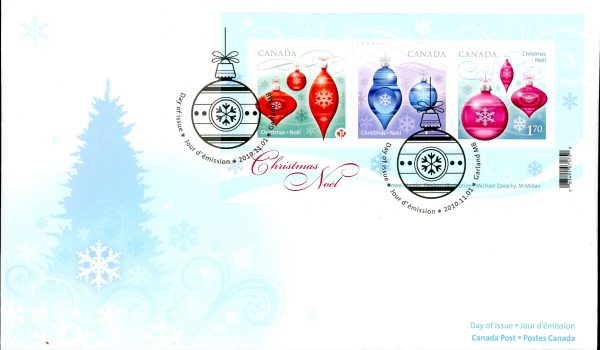 Canada FDC#2411 - Christmas: Ornaments (2010) (P) + $1.00 + $1.70 Souvenir sheet of 3