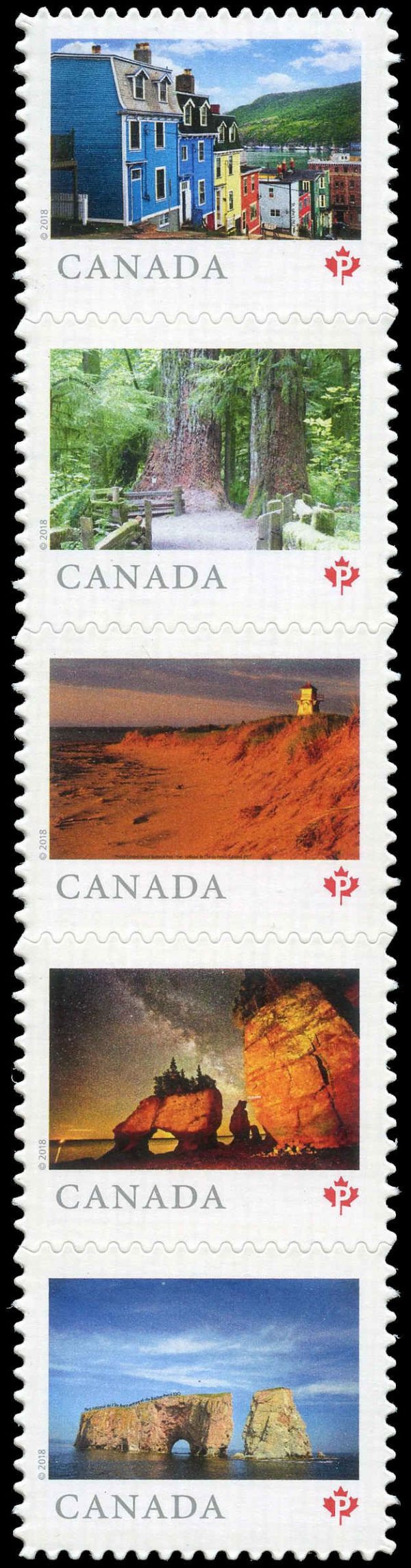 Canada Stamp #3075i - From Far and Wide (2018) 5 x P (85¢) Se-tenant strip of 5 (3071-3075), die cut to shape from Quarterly Pack