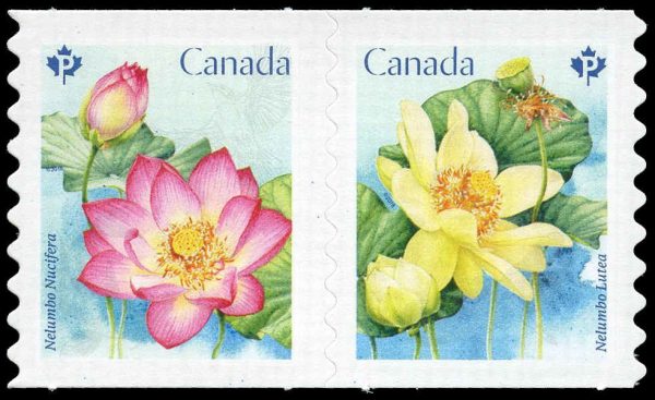 Canada Stamp #3089iii - Lotus (2018) 2 x P (85¢) Horizontal se-tenant pair (3088-3089), die cut to shape from Quarterly Pack