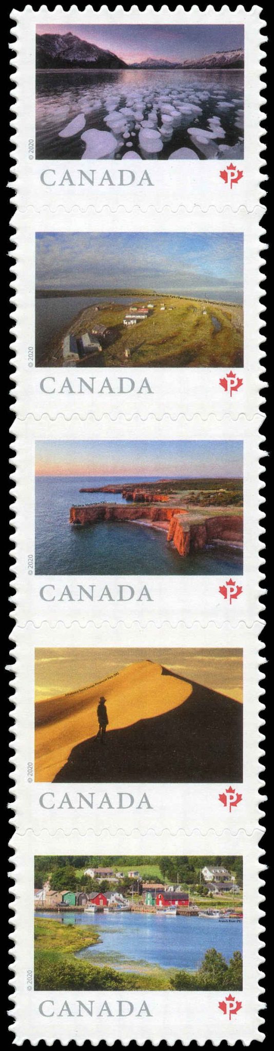 Canada Stamp #3225i - From Far and Wide (3) (2020) 5 x P (92¢) Se-tenant strip of 5 (3221-3225), die cut to shape from Quarterly Pack