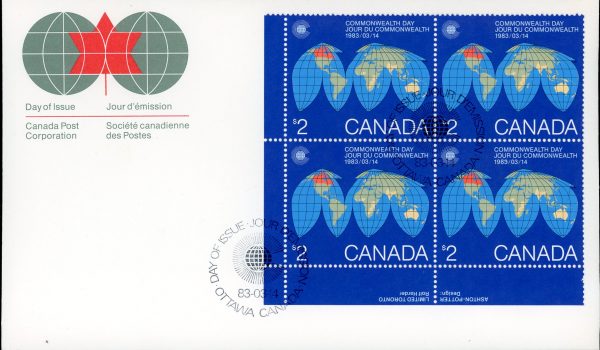 Canada FDC#977 -PLATE BLOCK-  Map of the Earth (1983) $2