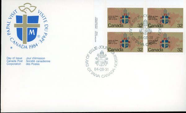 Canada FDC--PB#1030 - Papal coat-of-arms and map (1984) 32¢