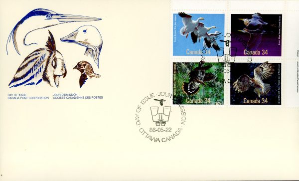 Canada FDC PB#1098a - Birds of Canada (1986) 4 x 34¢ Se-tenant block (1095-1098)