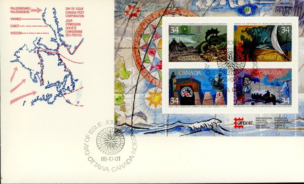 Canada FDC PB#1107b - Exploration of Canada-1 (1986) 4 x 34¢ Souvenir Sheet of 4