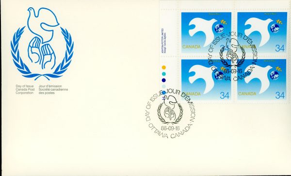 Canada FDC PB#1110 - Symbolic dove protecting the earth (1986) 34¢