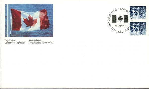 Canada FDC#1194bpa - Flag (1990) 2 x 39¢ Pair, dull fluorescence