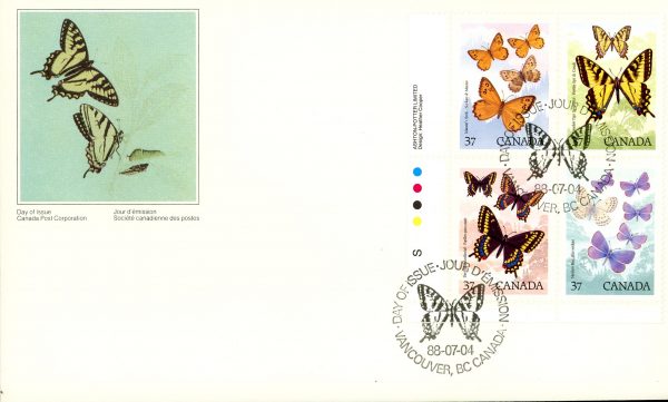 Canada FDC#1213a -PB- Butterflies (1988) 4 x 37¢ Se-tenant block (1210-1213)