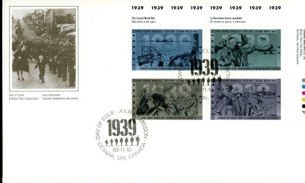 Canada FDC#1263a -PB- Second World War-1939 (1989) 4 x 38¢ Se-tenant block (1260-1263)