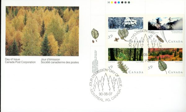 Canada FDC#1286a -PB- Majestic Forests of Canada (1990) 4 x 39¢ Se-tenant block (1283-1286)