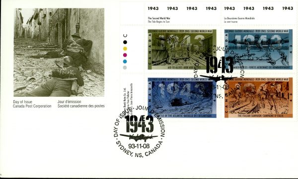 Canada FDC#1506a -PB- Second World War-1943 (1993) 4 x 43¢ Se-tenant block (1503-1506)