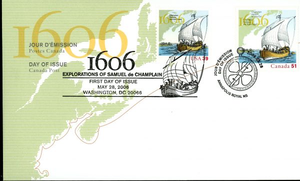 Canada FDC#2155 -(w/USA 4074a) Two-masted sailing ship (2006) 51¢ + USA 39¢