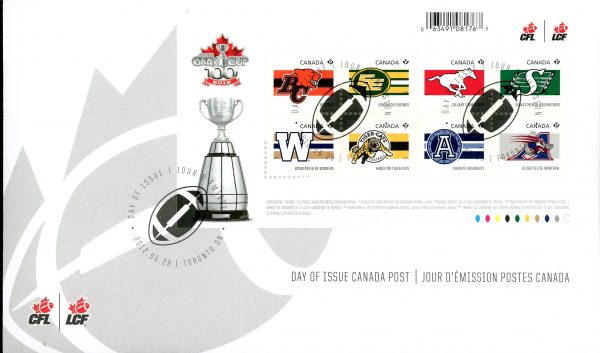 Canada FDC#2558 - CFL Teams (2012) $4.88 Souvenir sheet of 8 stamps