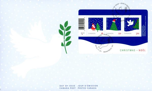 Canada FDC#2954 - Christmas (2016) P (85¢) + $1.20 + $2.50 Souvenir Sheet of 3