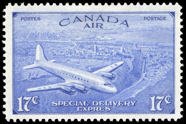 Canada Stamp - Air Mail #CE3 - D.C. 4-M Airplane (1946) 17¢ Incorrect circumflex accent of EXPRÊS