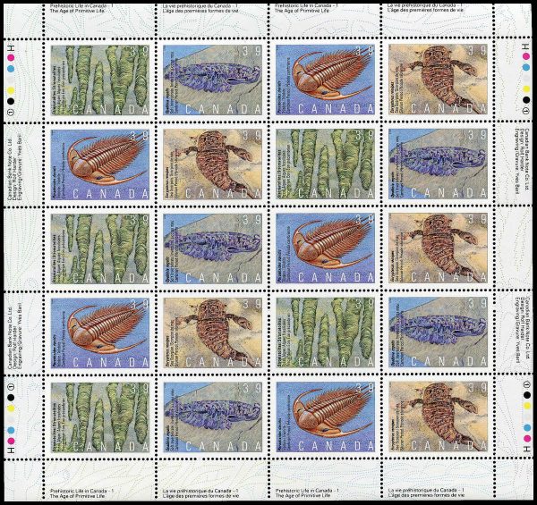 Canada Stamp SHEET#1282a - Prehistoric life in Canada-1 (1990) 4 x 39¢ Se-tenant block (1279-1282)