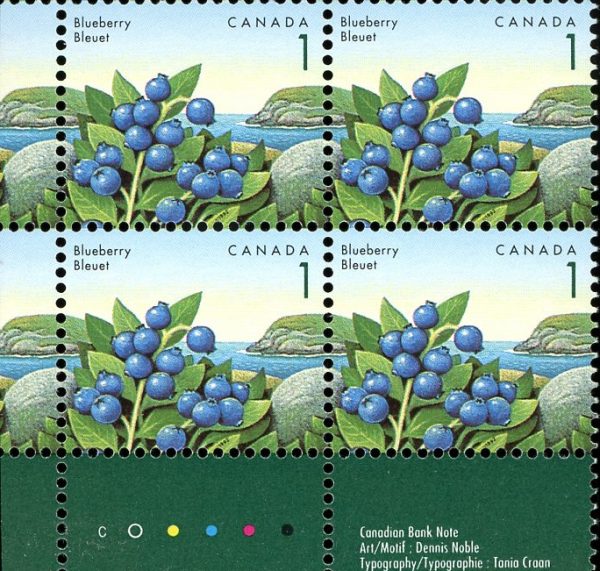 Canada Stamp PB#1349iv - Blueberry (1992) 1¢ Snake in grass (column 1, rows 2-10)