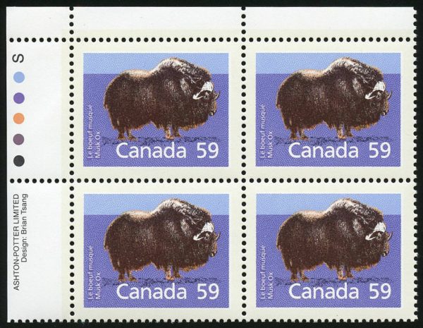 Canada stamp PLATE BLOCK #1174i - Musk Ox (1989) 59¢ RARE -- Slater Paper