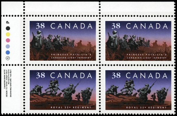 Canada Stamp PB#1250ii - Canadian Infantry Regiments (1989) 4 x 38¢ Very rare plate block with inscriptions