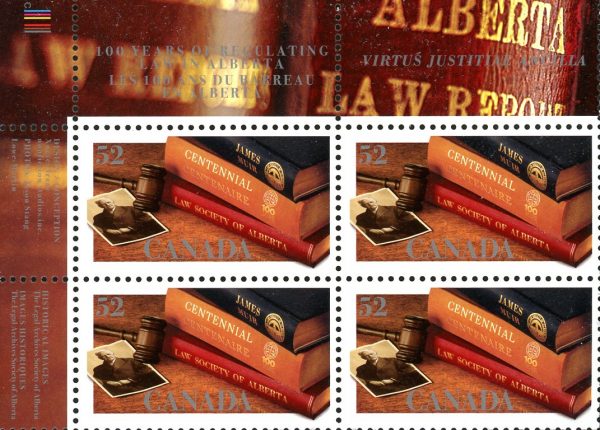 Canada Stamp PB#2228 - Law Society of Alberta, Books, gavel, photo of James Muir (2007) 52¢