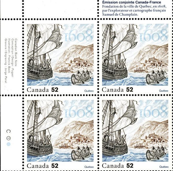 Canada STAMP PB#2269 - Champlain's ship, natives in canoe (2008) 52¢