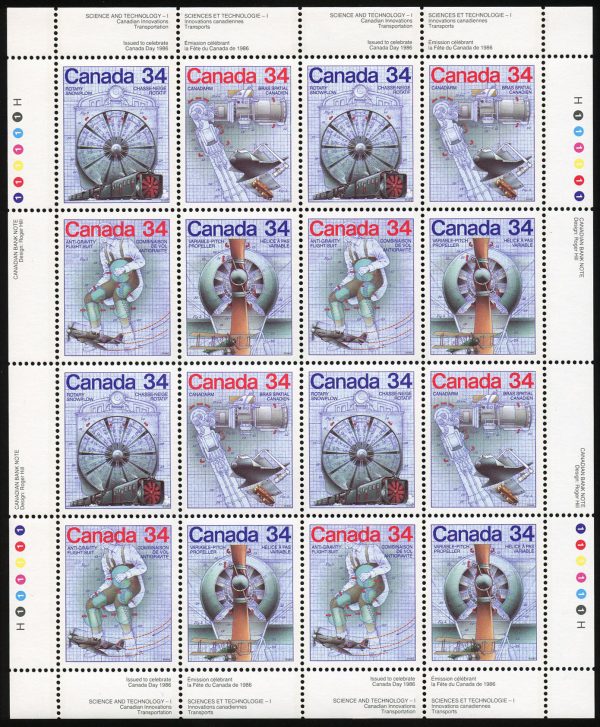 Canada Stamp SHEET#1102a - Canada Day - Science and Technology - 1 (1986) 4 x 34¢ Se-tenant block (1099-1102)