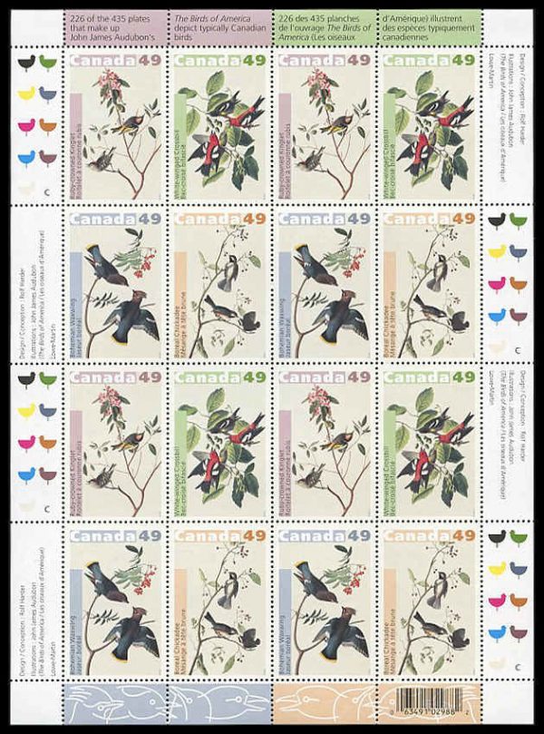 Canada Stamp SHEET#2039a - John James Audubon's Birds-2 (2004) 4 x 49¢ Se-tenant block of 4 (2036-2039)