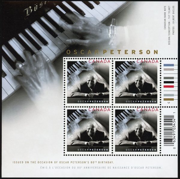 Canada Stamp #2118a - Oscar Peterson (1925-2007) and keyboard (2005) 4 x 50¢ Souvenir sheet of 4