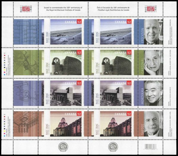 Canada Stamp SHEET#2218a - Royal Architectural Institute (2007) 4 x 52¢ Vertical se-tenant strip of 4 + 4 labels (2215-2218)