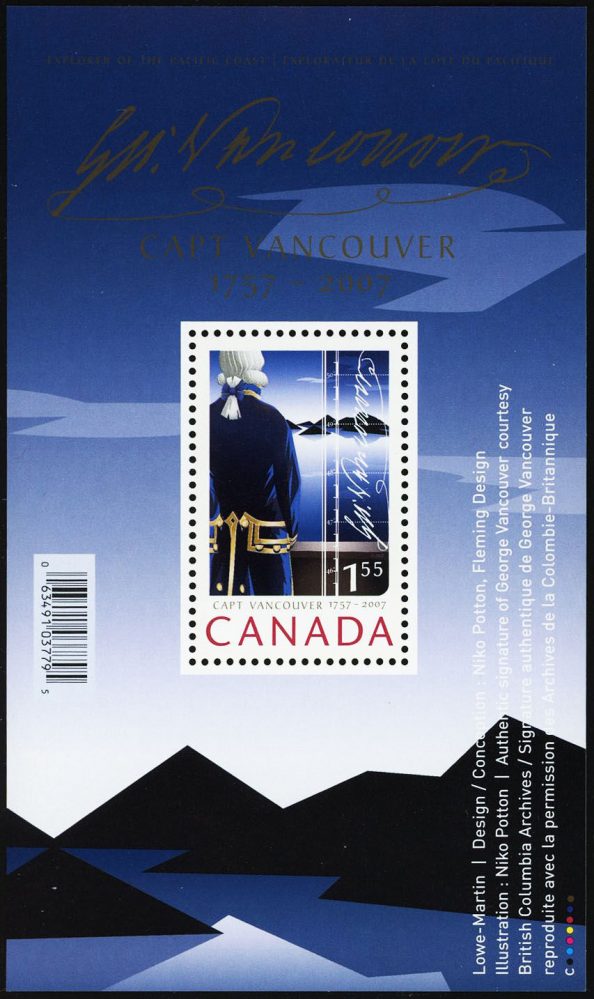 Canada Stamp #2219a - Captain Vancouver and signature (2007) $1.55 Souvenir sheet of 1