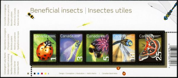 Canada Stamp #2238a - Beneficial Insects (Low Value Definitives) (2007) 1 x 1¢, 1 x 3¢, 1 x 5¢, 1 x 10¢, 1 x 25¢ Souvenir sheet of 5