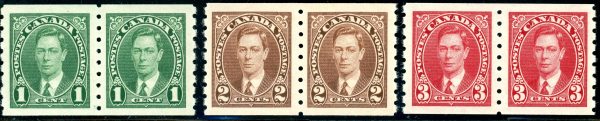 Canada Stamp PAIRS#238, 239, 240 - King George VI (1937) 1¢, 2¢, 3¢ SET - VF, MNH