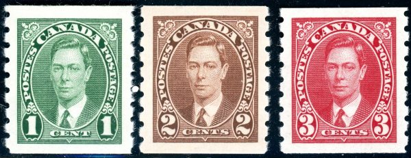 Canada Stamp #238, 239, 240 - King George VI (1937) 1¢, 2¢, 3¢ SET - VF, MNH