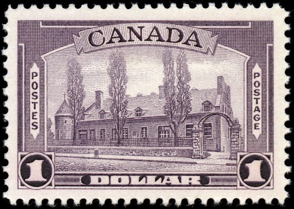 Canada Stamp #245i - Château de Ramezay, Montreal (1938) $1 Aniline ink, colouring the paper violet