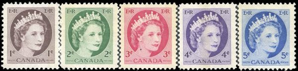 Canada Stamp #337p-341p - Queen Elizabeth II Wilding Portrait (1962) 1 x 1¢, 1 x 2¢, 1 x 3¢, 1x 4¢, 1 x 5¢ Set of 5, Tagged, W2B, ribbed (vertical)