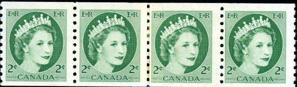 Canada Stamp RP#345Strip - Queen Elizabeth II (1954) 4 x 2¢ Strip of 4 - POST OFFICE REPAIR