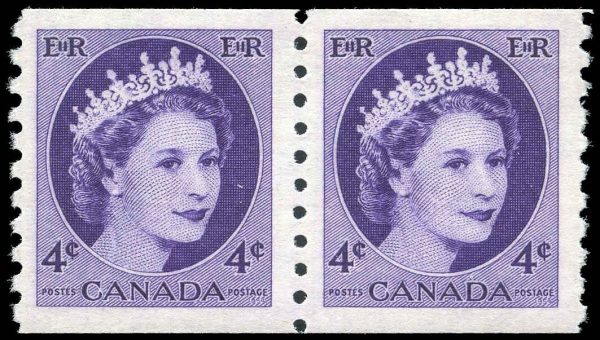 Canada Stamp #347 PAIR - Queen Elizabeth II (1954) 4 x 4¢ PAIR - POST OFFICE REPAIR